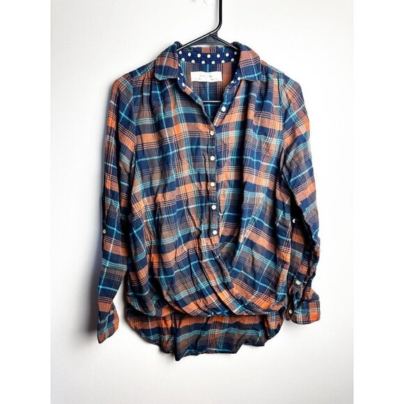 Anthropologie Isabella Sinclair Plaid Twisted Button Down Blue Orange XS Womens - Picture 3 of 14